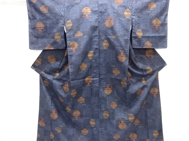 JAPANESE KIMONO / TOKAMACHI TSUMUGI / WOVEN FLOWER & JAR